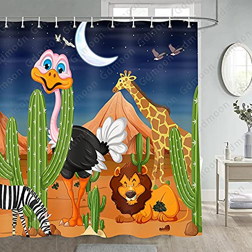 Gdmoon Jungle Animals Shower Curtain Night Sky Stars Moon Moonlight Tropical Cactus Plants Funny Ostrich Lion Giraffe Zebra Mountains Abstract Art Bathroom Curtain Set with 12 Hooks 72x72In YLCCGD37