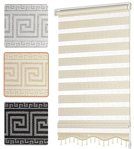 Doppelrollo mit Muster Mäander Deko Griechische Welle Ornament Motiv Klemm Duo Rollos für Fenster Innen ohne Bohren Gold Weiß 70x200 cm