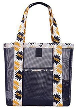 FITDON Mesh Beach Bag, Tote Bag with Pocket Women Shoulder Bag Shower Gym Bag Reusable Shopping Bag for Picnic Holiday Travel Grocery, Black