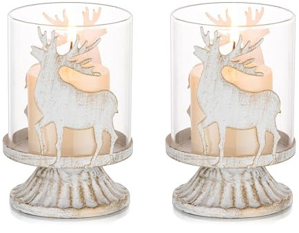 Romadedi Weihnachten Kerzenhalter Kerzenständer Vintage Deko: 2er Set Hirsch Rentier Windlichter Kerzenleuchter für Tischdeko Landhausstil Tisch Geschenk Weihnachtsdeko Kamin Dekoration, Weiß