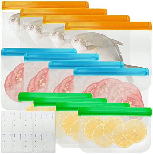 SZCXDKJ Lot de 12 sacs réutilisables en silicone + étiquettes de congélation, sacs alimentaires étanches avec triple fermeture éclair