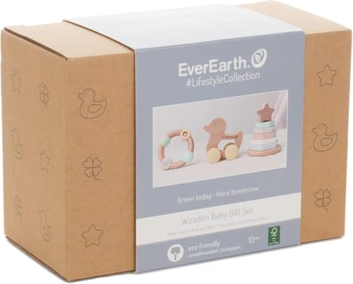 EverEarth Baby Geschenkset aus Holz - Geschenk Set zur Geburt für Jungen, Mädchen und werdende Eltern - Holzspielzeug Babygeschenk aus Stapelturm und Enten Greifling - Neugeborenen Geschenke EE33903