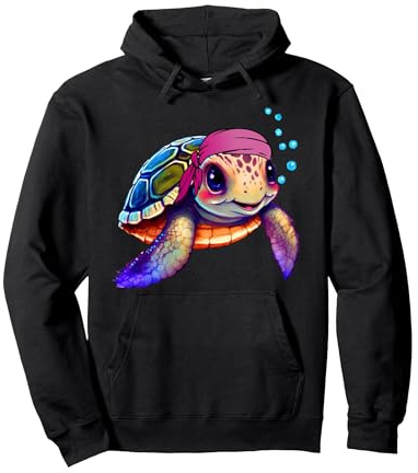 Niedliche Bunte Schildkröte mit Bandana, Meeresliebhaber, Strand Pullover Hoodie, Unisex für Erwachsene, Schwarz, L