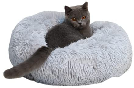 Zoomlie Plüsch-Donut-Haustierbett, warmes Hundehütte, Welpensofa mit weichem Kissen, rundes Höhlenbett, Haustier-Katzenbett, rutschfest, waschbar (XXL (80 x 80 cm), Grau 1)