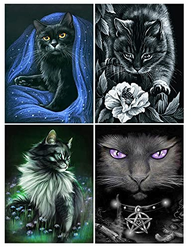 DCIDBEI 30 x 40CM 5D Diamond Painting Rund, Diamant Painting Bilder Zauberkatze,Embroidery Kit Animal Tiere, Wanddekoration Kinderzimmer Schlafzimmer Wohnzimmer Erwachsene | Schwarze Katze