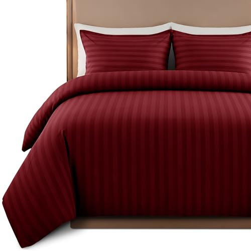 Hafaa Satin Stripe Super King Duvet Set Burgundy - Premium Hotel Quality Quilt Cover Bedding Sets - Hypoallergenic Ultra Soft Brushed Microfiber Bed Linen