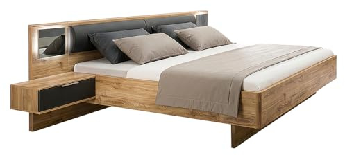 Lomadox Schlafzimmer Doppelbett mit 180x200 cm Liegefläche in Eiche und Graphit, inkl. Kopfteilpolster & beleuchtetem Glaspaneel