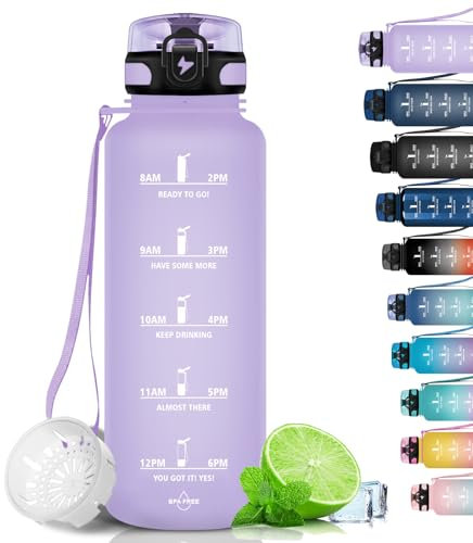 Grsta Borraccia 1,5 Litri, Borraccia Sportiva, A Prova Di Perdite, Borraccia Palestra, senza BPA con Indicatore del Tempo Motivazionale, per Palestra, Bicicletta, Scuola, Ufficio - Viola