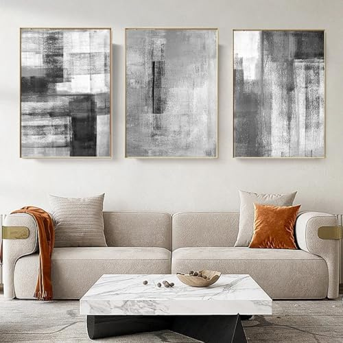 3er Set Moderne Minimalistische Leinwandbilder Schwarz Weiß Grau Geometrische Kunst Bilder Poster Set Kunstdruck Wanddekoration Bild Rahmenlos (Schwarz Weiß, 60x90cm)