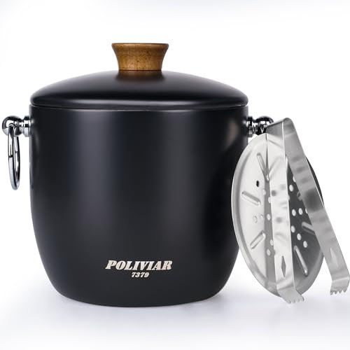 POLIVIAR Ice Bucket with Lid and Ice Tongs, 2.5L Stainless Steel Ice Bucket, Easy Carry Handle& Double Walled Insulation, Bar Ice Bucket Perfect for Home Bars, Pubs, BBQs and Picnics