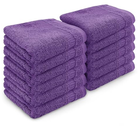 Velosso 12 Pack Premium Soft 100% Egyptian Cotton Ring Spun Soft Feel Face Cloths Flannel High Absorbent Spa, Gym, Sauna Face Towel (Purple)