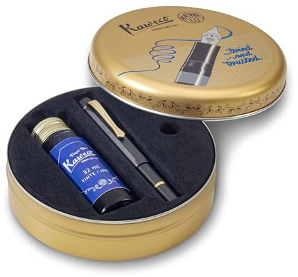 Kaweco PISTON SPORT AL Starter Set I Pluma estilográfica clásica de aluminio para tinteros, en caja nostálgica, con tintero en azul real I con émbolo de 13 cm, plumín