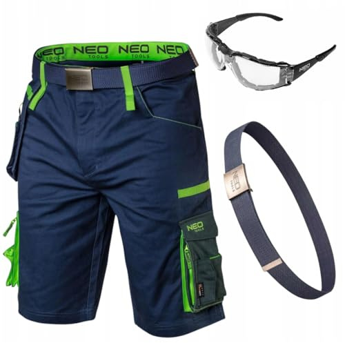 NEO TOOLS Kurze Arbeitshose Herren mit Arbeitsgürtel & Schutzbrille | Cordura Verstärkte Stretch Arbeitsshorts, Multifunktionale Taschen, Arbeitshose Sommer, Arbeitshosen Männer Kurz