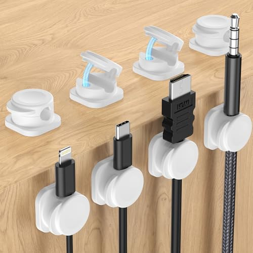 [8 Stück] Kabelhalter Kabelclips, Kabel Organizer, [Magnetische/Starker Kleber] Kabelklemmen Selbstklebend, Kabelorganizer für Schreibtisch/Wand, Kabelmanagement für Netzkabel,HDMI,Ladekabel- Weiß