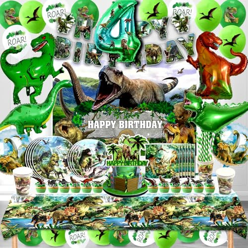 Dino Deko Kindergeburtstag 4 Jahre: Luftballons Jungen 146 Pcs, Dinosaurier Ballon Helium, Partygeschirr Set mit Pappteller, Dschungel Party Deko, Dino Thema Geburtstagsdeko Kit