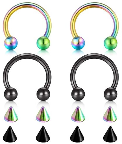 Tolldek 4Pcs Nase Ringe, Edelstahl 1.2mm U Hufeisen Barbell Kegel Ersatz Nostril Piercing Stecker Bunt Schwarz, Septum Ringe Set, Lippen Ohr Nasen Piercingschmuck für Damen
