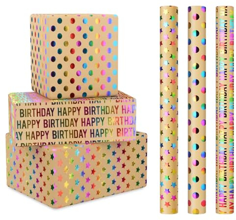 CHEPULA Geschenkpapier Glitzernde, 43 x 300 cm Geschenkpapierrollen | Kraftpapier, 3 Rollen Geburtstag Geschenk Papier Recycelbar, Braun Birthday Gift Wrapping Paper für alle Geburtstagsanlässe