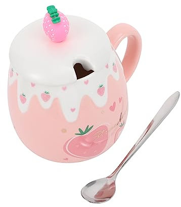 Cabilock Taza De Cerámica De Fresa Con Tapa y Cucharón De Taza De Agua Decorativa Encantadora Para Obsequio o Uso Diario Casa De Cerámica Para Bebidas