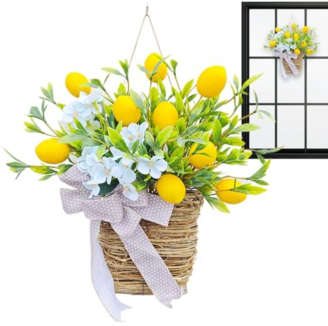Corona a cesto di fiori generica – Corona di cesto da appendere alla porta, corona di portico di primavera per esterni | decorazione decorativa della corona di fiori di limone
