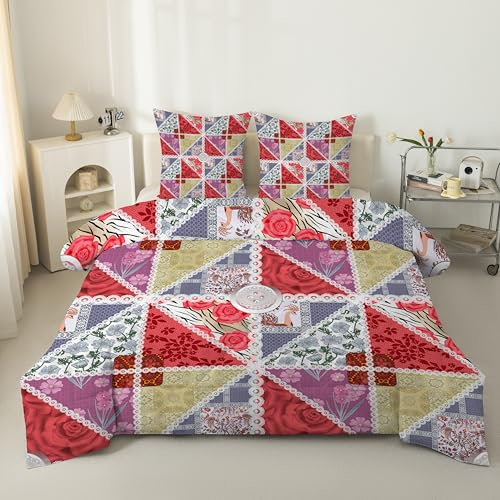 Rote Rosen Bettdecke 135x200 4 Jahreszeiten, Steppdecke 135x200, Warme Ganzjahresdecke Bohème Patchwork Bettdecke ohne Bezug Waschbar Schlafdecke mit 2 Kissenbezug 80x80cm - C6