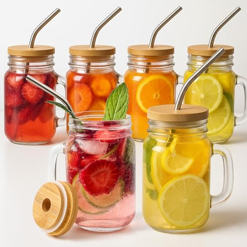 OAMCEG 6 Stück Glas mit Deckel und Strohhalm – 480ml Glasbecher mit Henkel und Holzdeckel – Wiederverwendbare Mason Jar Gläser für Saft, Iced Kaffee, Matcha, Smoothies, Kinder & Geschenk