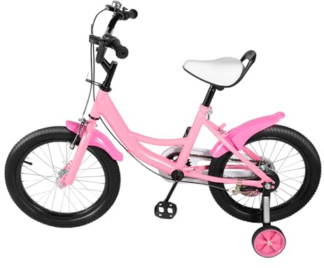 Mqwdxzfes Vélo pour enfant de 16 pouces avec roues stabilisatrices et freins doubles - Vélo léger pour fille et garçon - Vélo de jeu léger pour débutant à partir de 5 à 8 ans - Rose