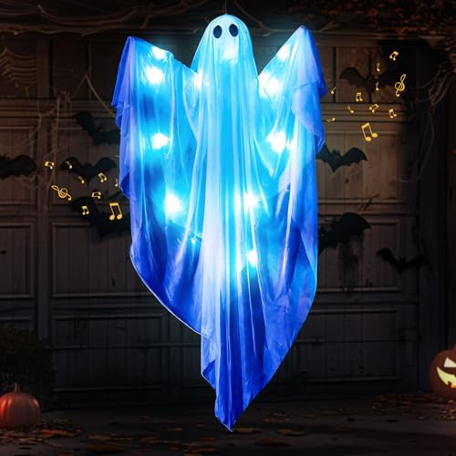 Halloween Deko Geist, Hängende Geist mit Licht und Fernbedienung für Deko Innen Außen Garten Vorhof Terrasse Zuhause Garten Party (C)