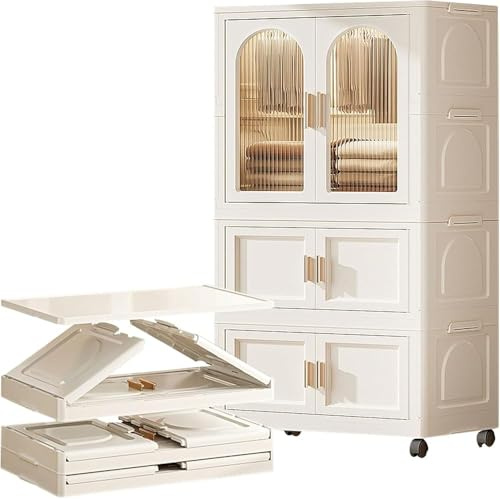 Armadio pieghevole portatile con porta magnetica, 1 armadio + 2 scatole pieghevoli, organizer su ruote, include 10 ganci