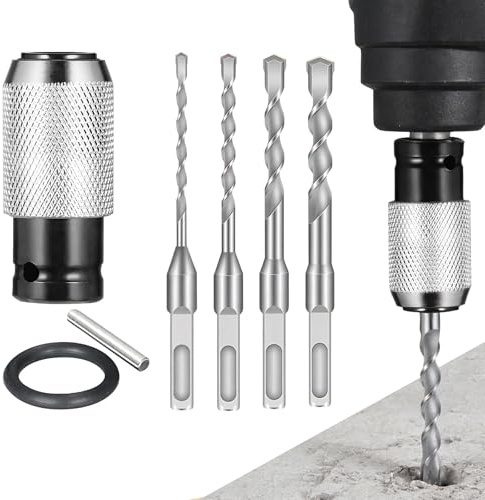 5 Piece SDS Rotary Hammer Drill Bit Set, Impact Drill Bits Set, Tungsten Carbide Drill Bits with Carbide Tip for Brick Concrete Stone and Cement 6/8/10/120mm Drill Set with a New Silver Drill Bit