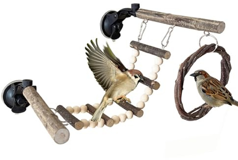 Escalera Percha para Aves | Escalera de Madera con Ventosas,Juguete Accesorio para Jaula - para Periquitos, Ninfas y Hámsters