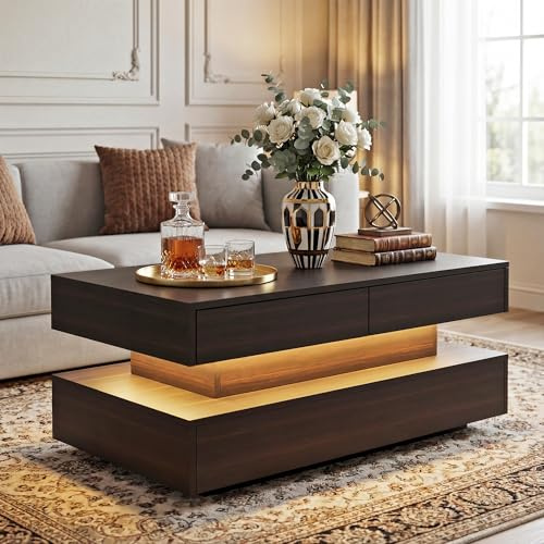 Manora Wohnzimmertisch Schwarz mit LED und Schubladen,Couchtisch Modern mit Stauraum,Rechteckiger Sofatisch,Tisch Wohnzimmer,Bräunlich-schwarz