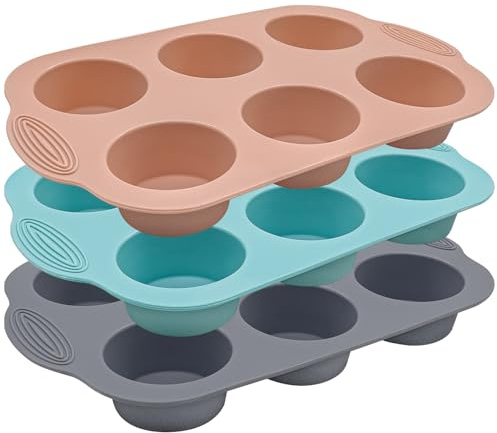 YuleNova 3 Packs Silicone Muffin Tray, 6 Cups Deep and Jumbo Muffins Pan, Non-Stick Baking Trays Cupcake Tins for Yorkshire Pudding, Muffins, Cupcakes