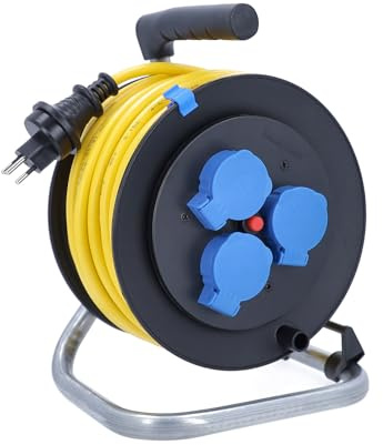 as - Schwabe Carrete de cable de 50 m K35 AT-N07V3V3-F 3G1,5 amarillo, IP44 para exteriores, con conector SEV T13 IP55 y 3 enchufes tipo 13, interruptor de protección térmica, fabricado en Alemania