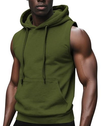 T-shirt à capuche sans manches pour homme décontracté avec cordon de serrage, sweat à capuche, débardeur, hauts confortables pour la gym, le fitness, l'entraînement, la course à pied, pull, Vert, L