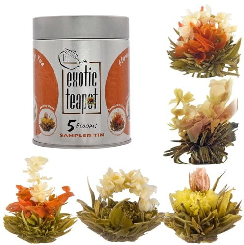 The Exotic Teapot – Flowering Tea Sampler Tin, 5 Assorted Flower Blooms, Jasmine, Fruity Flavours