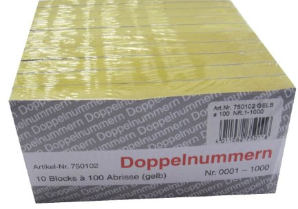 Wolf & Appenzeller 750102 - Doppelnummern Block, nummeriert 1-1000, 10 Blöcke mit je 100 Abrisse, gelb