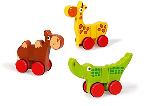 SCRATCH Holztier-Set, 3 Magnettiere auf Rädern, Holzfiguren, Zootiere, Spielfiguren für Kinder ab 18 Monaten