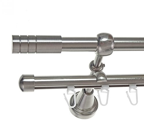BASIT Gardinenstange Innenlauf Edelstahllook 16mm 2-läufig Wand 200cm H14RI | Gardinenstangenset doppelläufig Wandmontage Metall Vorhangstange Wandhalterung 120-600cm wählbar Kappe Zylinder E28