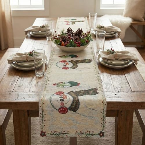 DaDa Bedding Magical Snowman Tapestry Table Runner - Wintery Holiday Red Cardinal Bold Festive White Intricate Needle Stitching - Cotton Linen Woven Kitchen Dining Mats - 13 x 54