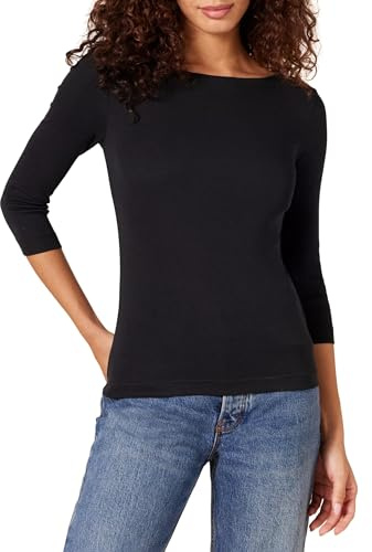 Amazon Essentials Women's Slim-Fit 3/4 Sleeve Boat Neck Cotton Modal Micro Rib T-Shirt, Black, Medium