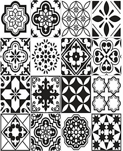 FoLIESEN Fliesenaufkleber für Bad, Küche, Badezimmer - Fliesen-Folie selbstklebend - Black and White -16 Klebefliesen, .:20x25 cm / 16-tlg. Set