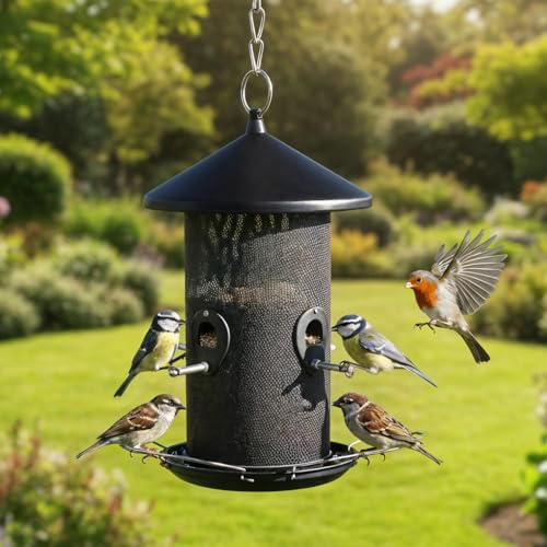 zooprinz XL Vogelfutterspender – Vogelhaus mit Sitzringen | Mit stabilen Sitzringen, Schutzdach und Stahlseil – Futterspender für Wildvögel, Garten & Balkon