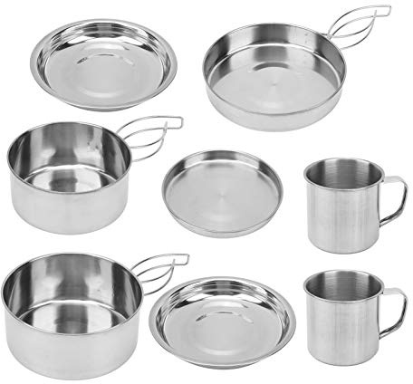 Alomejor Juego de Utensilios de Cocina portátil para Acampar de 8 Piezas, Juego de Tazas de Olla de Senderismo de Acero Inoxidable, Juego de Cocina al Aire Libre para Picnic, Barbacoa