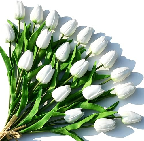 ONLY ART Artificial White Tulips 20 Pcs – 13.5 Inch PU Faux Flowers with Bendable Stems for Home Décor, Wedding Centerpieces, DIY Floral Arrangements, New Year and Valentine's Day