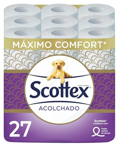 Scottex Papel Higiénico Acolchado - 27 Rollos - Rollos con 3 Capas de Confort y Suavidad | Rollos con 3 Capas de Confort y Suavidad