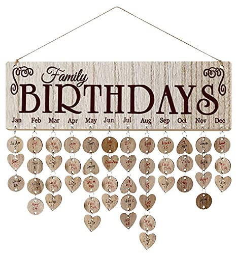 QZDAFFIC Geburtstag Kalender 2025, Holz Kalender mit Herz & Kreis Austauschbare Tags,Handgefertigt Jahresplaner Lustige Geschenke Handgemachte Deko Schlafzimmer (BIRTHDAY)