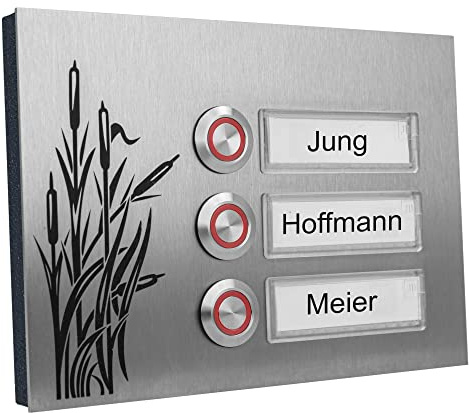 Jung-Edelstahl-Design Dreifamilienhaus Türklingel Turin Motiv Gräser 17x12 cm - V2A Edelstahl - Austauschbare Namensschilder - Aufputz- oder Unterputzvariante wählbar (3-Fach)