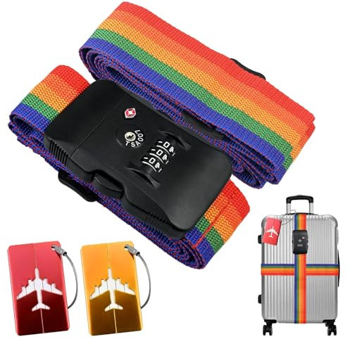 Koffergurt Kofferband mit TSA Zahlenschloss, 2 Stück Einstellbare Kreuz Gepäckgurt Gepäckband + 2 Stück Kofferanhänger mit Namensschild & Adressschild zum Sicher Reisen(Bunt)