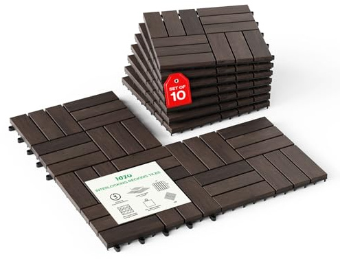Idzo Interlocking Deck Tiles 9.6 SQFT - 10PCS Waterproof Acacia Wood Patio Tiles, Flooring Tiles for Indoor and Outdoor - Decking Checker Pattern, 11.81 x 11.81 x 0.91 Inches, Dark Brown