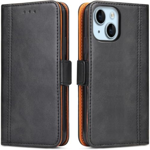 Handyhülle für iPhone 13, Leder Klapphülle Handytasche Kartenfach Klappständer Magnetisch Lederhülle für Apple iPhone 13, Schwarz